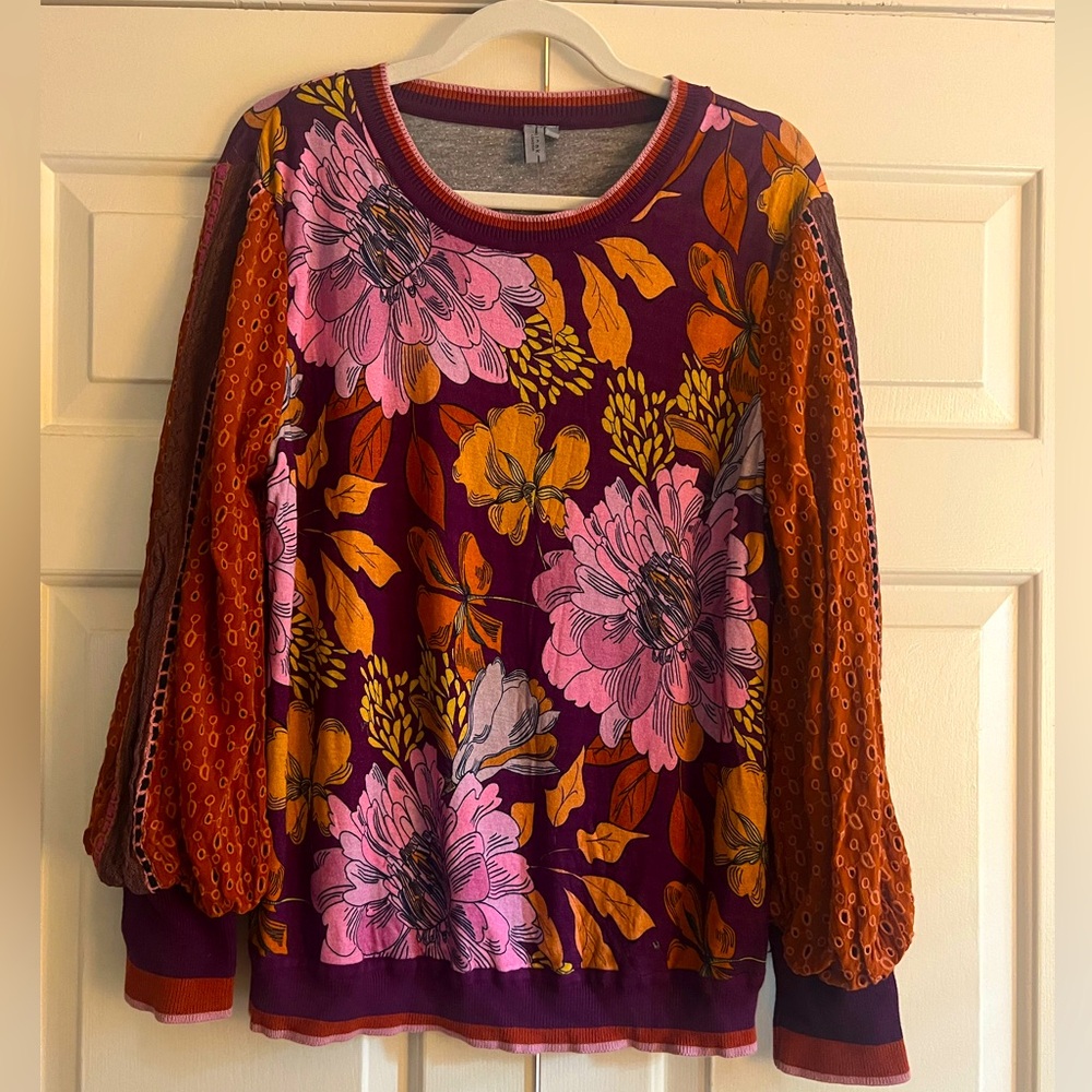 Anthropologie Bl-nk Orange and Purple Contrast Eyelet Pullover sz Medium